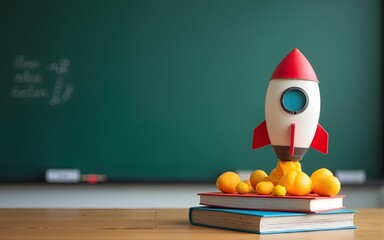 education and back to school concept. cardboard rocket over books in front of classroom blackboard. High quality