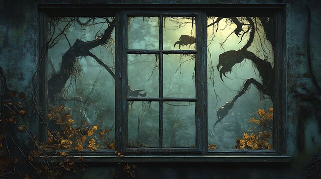 Fototapeta Spooky forest view through old window