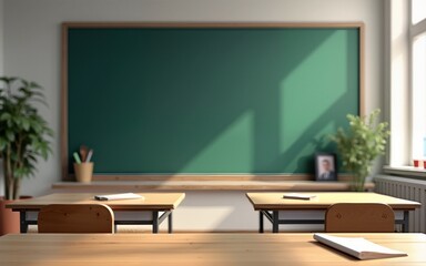 AI Generated blank blackboard with class table and stationery in classroom, back to school design concept. High quality