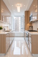 Narrow, bright kitchen with beige cabinets and white countertops in a high rise apartment