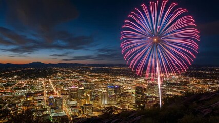 City skyline at twilight with fireworks - Powered by Adobe