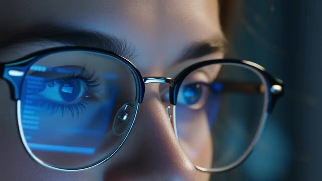 Software Developer Analyzing Complex Data with Digital Screen Reflection for Cybersecurity Concept