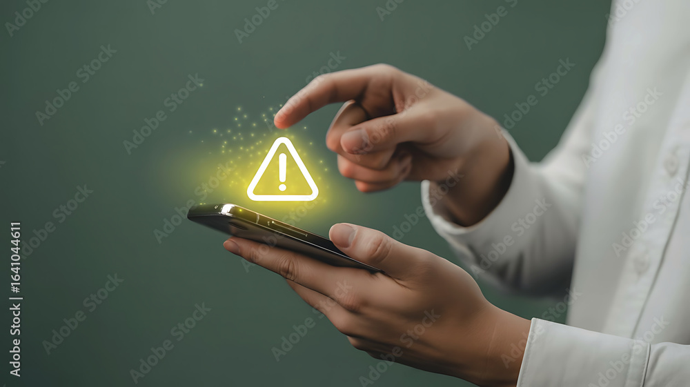 Poster person interacting with a smartphone displaying a glowing yellow warning triangle notification icon