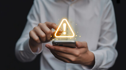 Person holding a smartphone displaying a glowing yellow warning triangle with an exclamation mark