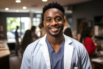 Professional doctor in a modern clinic setting wearing glasses and a stethoscope, showcasing expertise and confidence