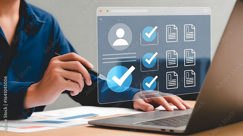 Poster person reviewing digital checklist and user profile on a transparent screen interface at a desk