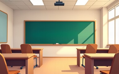 Vector school classroom interior. University, educational concept, blackboard, table, chair college furniture. Training room illustration for advertising, web, internet promotion. High quality