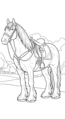 Detailed line art illustration of a shire horse saddled in a pastoral setting