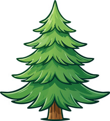 Cartoon illustration of a vibrant green Christmas tree, standing tall against a white background.