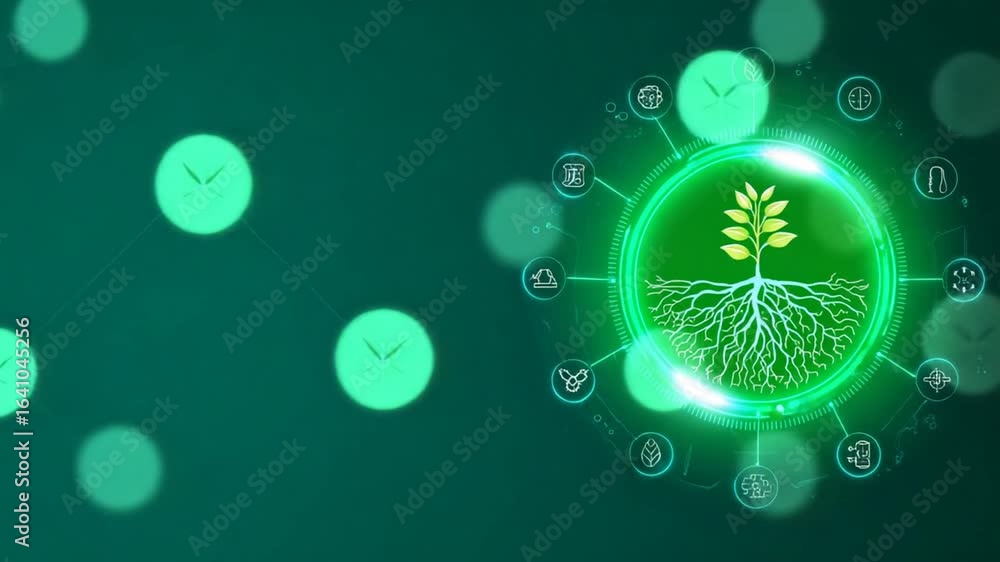 Poster abstract graphic design with a central image of a plant's roots and a sprout, surrounded by various 