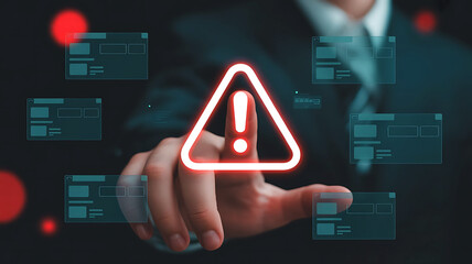 Businessman s finger points to a glowing red warning sign with an exclamation mark on a digital interface