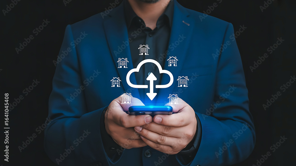 Poster man in suit holding smartphone with cloud computing icon and data transfer arrows symbolizing digita