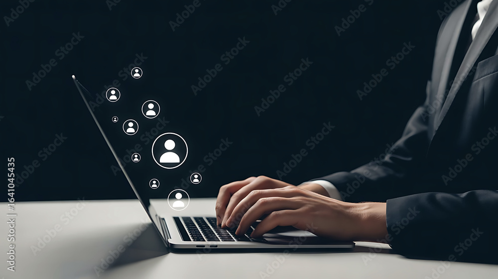 Poster businessman in suit typing on laptop with digital human icons representing networking and connection