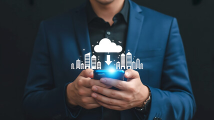 Businessman holding smartphone with glowing cloud technology and digital city overlay symbolizing smart city innovation