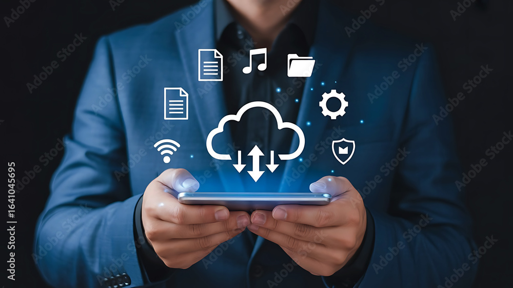 Poster businessman holding a smartphone displaying a glowing cloud computing interface with various digital