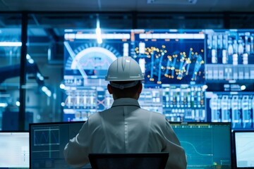 Industrial engineer working at control room monitoring system desk with multiple displays showing various information
