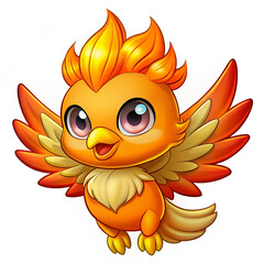  phoenix chick with fiery wings, happy expression, plain white background