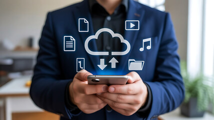 Businessman using smartphone with cloud computing icons and data transfer symbols floating above