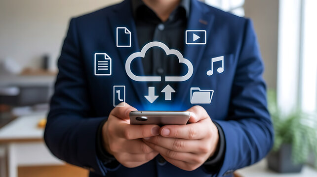 Businessman using smartphone with cloud computing icons and data transfer symbols floating above - Powered by Adobe