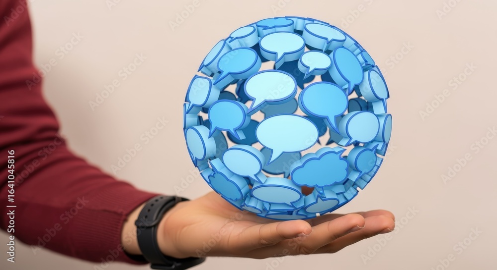 Poster communication sphere: hand holding a globe of speech bubbles, conceptual image for connection and di