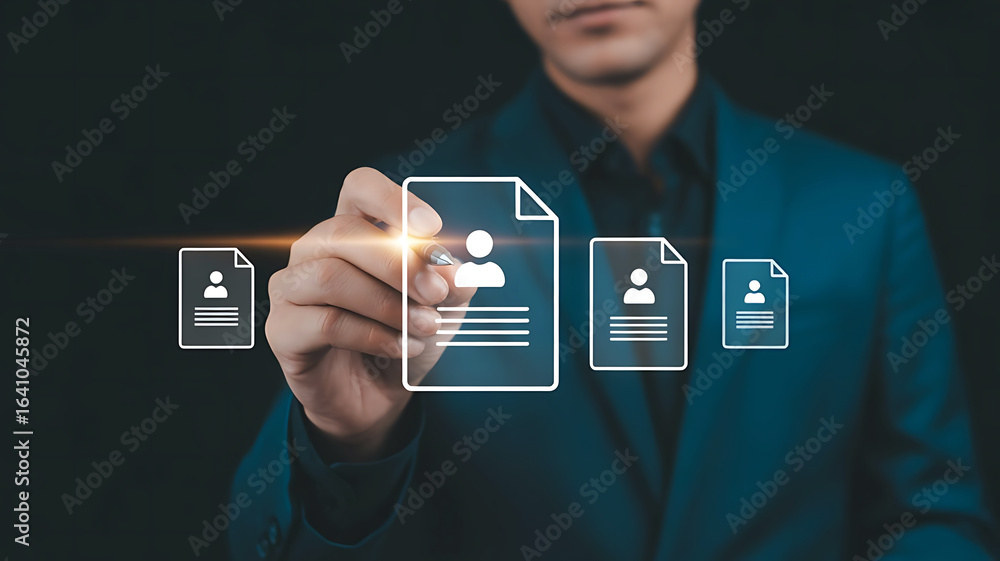 Poster businessman selecting a digital profile document from a row of human resource files on a dark backgr