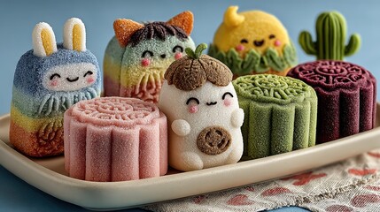 Colorful And Cute Mooncakes In Various Cartoon Shapes On Light Blue Background, Full Of Festival And Childlike Atmosphere