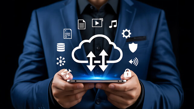 Businessman holding smartphone displaying cloud computing icons and data flow for digital transformation and technology solutions