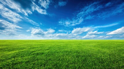 Fototapeta premium Lush Green Field Under a Vibrant Blue Sky with Scattered Clouds on a Sunny Day