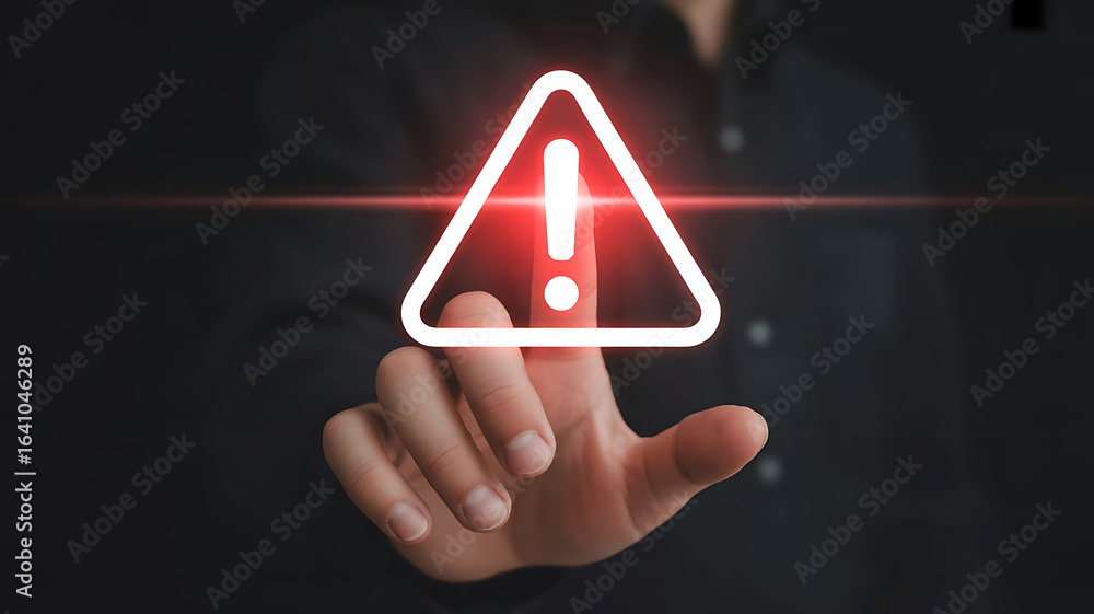 Poster close up of a finger touching a glowing red digital warning sign with an exclamation mark
