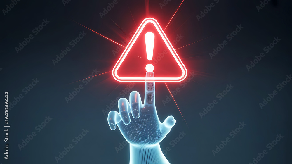 Poster futuristic glowing red neon warning triangle with exclamation mark touched by a transparent robotic 