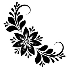 Simple black and white corner design element with single flower, leaves and swirls on white isolated background. Abstract floral pattern silhouette for stencil, tattoo.