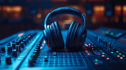 A set of high-quality studio headphones resting on a mixing console, professional recording studio lighting, deep shadows.