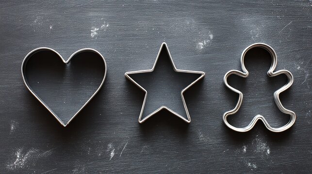 On a dark wooden countertop, metal baking molds in heart, star and gingerbread man shapes are neatly arranged, 