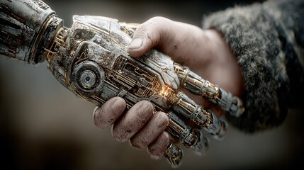 Human Hand Shaking With Weathered Robot Hand With Metal And Golden Circuits