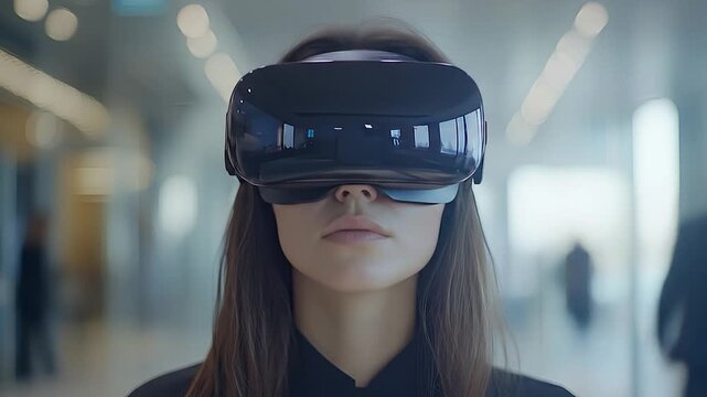 Woman using VR headset indoors.