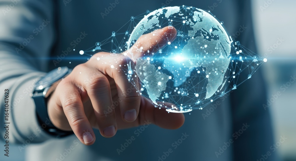 Poster global network visualization: man interacting with digital earth for technology and connectivity con