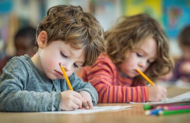Preschool children drawing with pencils in classroom