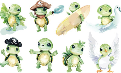 Obraz premium Whimsical Watercolor Turtles in Various Costumes and Accessories on White Background