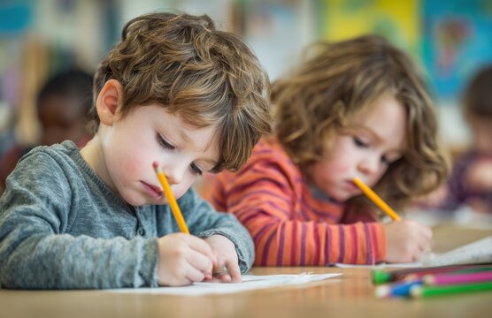 Preschool children drawing with pencils in classroom