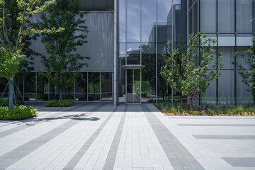 empty brick ground with modern building