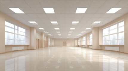 Fototapeta premium Bright Empty Hall with Windows and Illuminated Ceiling Panels, Ideal for Commercial or Institutional Use