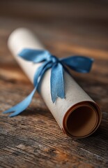 Rolled-up diploma tied with blue ribbon symbolizing graduation on rustic wooden table