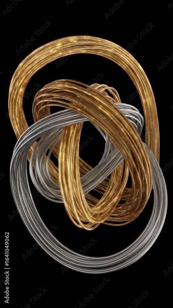 Poster golden and silver wire knot abstract shape on a black background in a 3d rendering with metallic tex