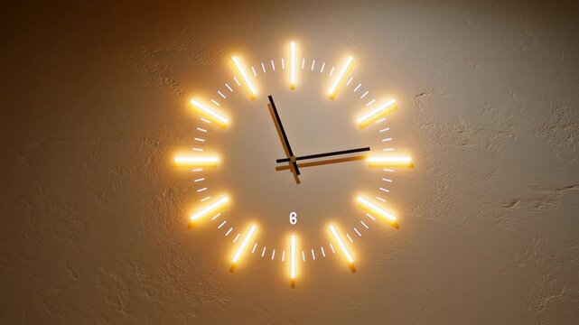 Modern wall clock with glowing LED lights, showcasing a minimalist design and unique hour markers, creating an elegant atmosphere in contemporary interior decor and enhancing timekeeping aesthetics