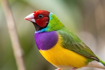 Obraz premium Close up of a colorful gouldian finch perched on a branch with soft bokeh