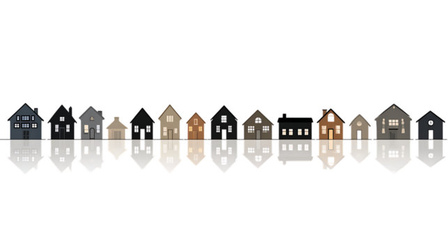 Colorful row of illustrative houses with reflections on white background showcasing urban living design elements