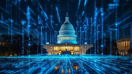 USA Capitol building surrounded by blue digital data streams