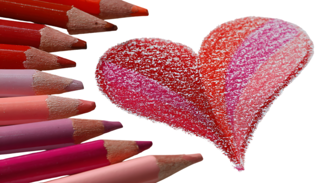 Colorful Heart Drawing with Soft Pastel Shades and Vibrant Coloring Pencils on White Background