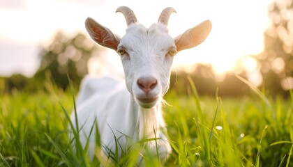 Obraz premium White goat in grassy field at sunset (2)