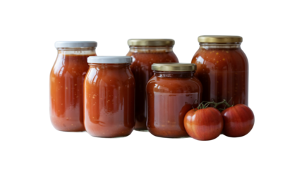 Five glass jars of homemade tomato sauce with silver and gold lids, arranged in varying sizes, accompanied by fresh tomatoes for a rustic kitchen vibe.